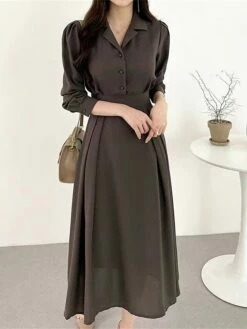Women's Work Dress Semi Formal Dress A Line Dress Fashion Office Daily Workfashion Midi Dress Ruched Button Shirt Collar Long Sleeve Plain Loose Fit Black Brown Apricot Fall Winter S M L XL -LIGHTINTHEBOX Shop hsagoa1695805443065
