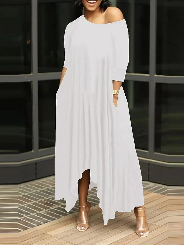 Women's Work Dress Black Dress White Dress Fashion Long Dress Maxi Dress Ruched Pocket One Shoulder 3/4 Length Sleeve Plain Regular Fit Black White Pink Fall S M L XL XXL 7 Women's Work Dress Black Dress White Dress Fashion Long Dress Maxi Dress Ruched Pocket One Shoulder 3/4 Length Sleeve Plain Regular Fit Black White Pink Fall S M L XL XXL - Image 5