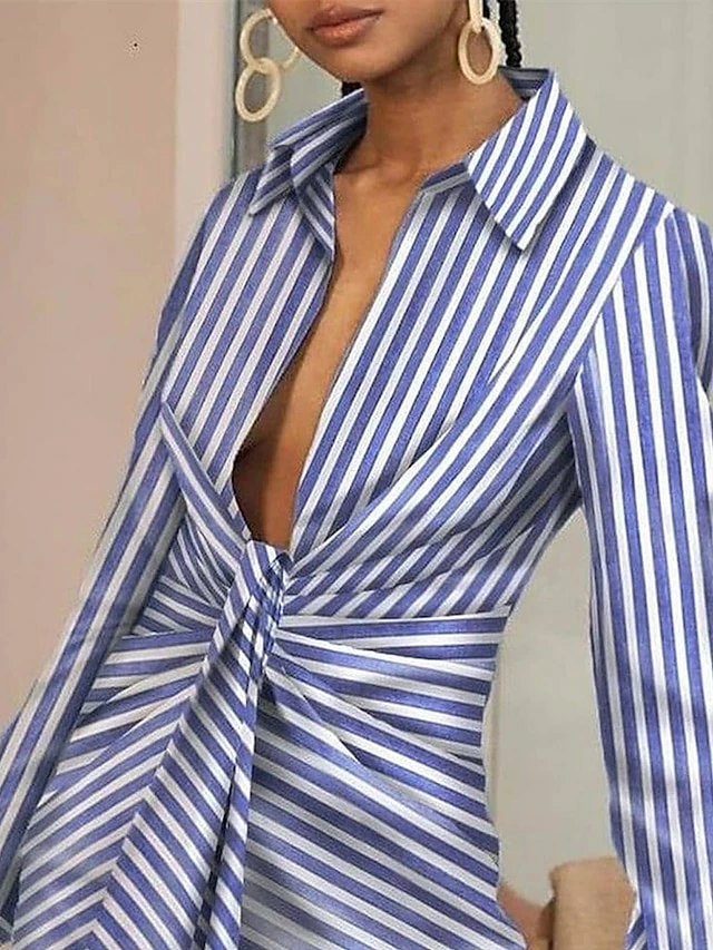 Women's Shirt Dress Casual Dress Bodycon Mini Dress Outdoor Daily Vacation Polyester Casual Shirt Collar Lace Up Long Sleeve Summer Spring Fall 2023 Regular Fit Blue Striped S M L XL 4 Women's Shirt Dress Casual Dress Bodycon Mini Dress Outdoor Daily Vacation Polyester Casual Shirt Collar Lace Up Long Sleeve Summer Spring Fall 2023 Regular Fit Blue Striped S M L XL - Image 2