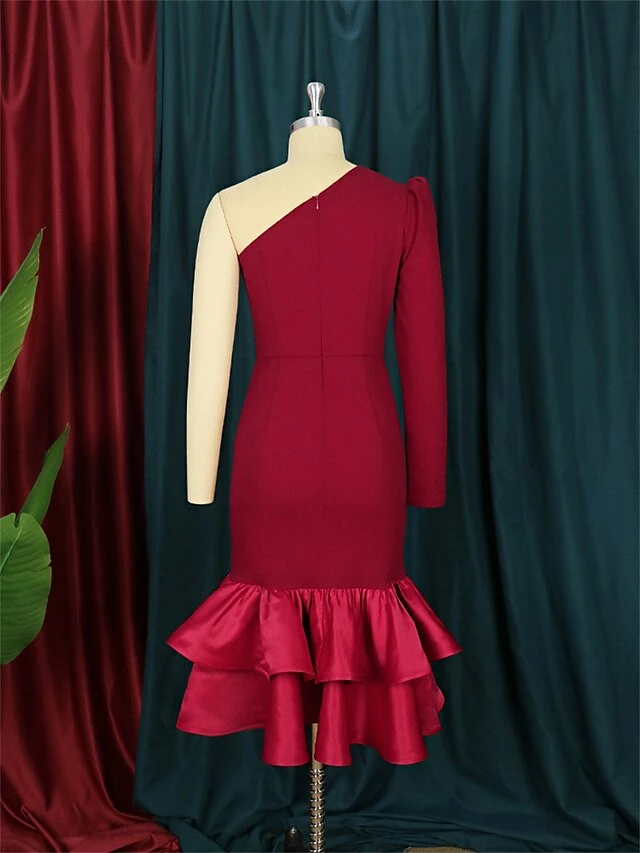 Women's Plus Size Curve Party Dress Bodycon Sheath Dress Plain Midi Dress Long Sleeve Ruffle One Shoulder Fashion Party Wine Fall Winter XL XXL 3XL 4XL 7 Women's Plus Size Curve Party Dress Bodycon Sheath Dress Plain Midi Dress Long Sleeve Ruffle One Shoulder Fashion Party Wine Fall Winter XL XXL 3XL 4XL - Image 5