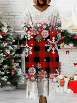Women‘s Plus Size Christmas Dress Santa Claus V Neck Long Sleeve Winter Fall Modern Maxi Long Dress Daily Dress -LIGHTINTHEBOX Shop huauxc1668158254727
