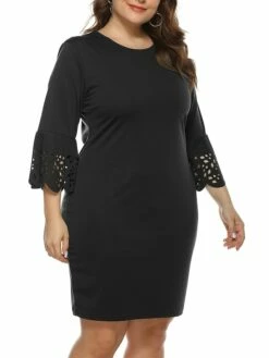 Women‘s Plus Size Curve Party Dress Wedding Guest Dress Black Dress Bodycon Mini Dress Pink 3/4 Length Sleeve Pure Color Patchwork Fall Winter Autumn Crew Neck Fashion Wedding Guest Vacation