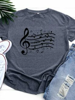 Women's T Shirt Tee 100% Cotton Black White Light Green Music Print Short Sleeve Daily Weekend Basic Round Neck Regular Fit -LIGHTINTHEBOX Shop hugebd1646893753056