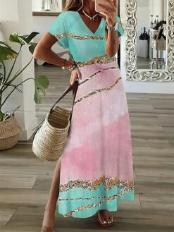 Women's Casual Dress A Line Dress Summer Dress Print Ombre Split Print V Neck Long Dress Maxi Dress Fashion Streetwear Outdoor Daily Short Sleeve Regular Fit Yellow Pink Red Summer Spring S M L XL XXL -LIGHTINTHEBOX Shop hutnew1687336928717