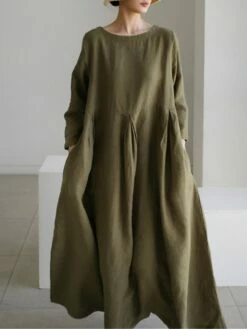 Women's Cotton Linen Dress Casual Dress Swing Dress Maxi Long Dress Cotton Blend Basic Classic Outdoor Daily Crew Neck Pocket Smocked Long Sleeve Summer Spring Fall 2023 Loose Fit Black Yellow Green -LIGHTINTHEBOX Shop huwper1673850081205