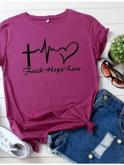 Women's Plus Size T Shirt Tee Burgundy Tee 100% Cotton Black White Yellow Graphic Heart Letter Print Short Sleeve Casual Daily Weekend Basic Round Neck Faith Hope Love Regular Fit