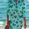 Women's Shirt Dress Beach Dress Beach Wear Mini Dress Button Pocket Fashion Casual Butterfly Turndown 3/4 Length Sleeve Loose Fit Outdoor Daily Black Green 2023 Spring Summer S M L XL -LIGHTINTHEBOX Shop hvwmbu1676892737064