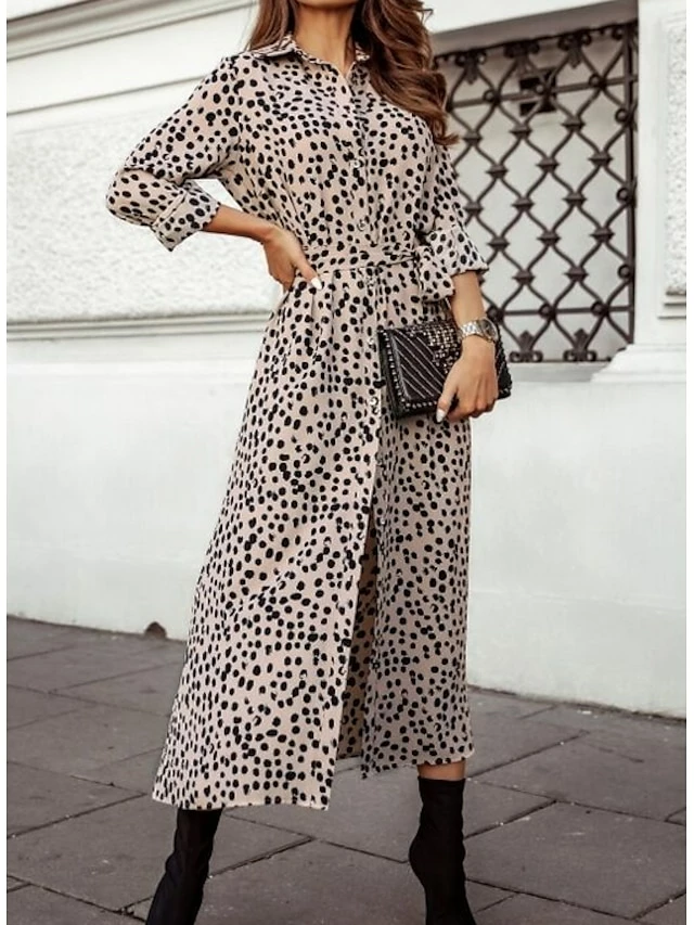 Women's Sheath Dress Midi Dress Black Yellow Light Brown Long Sleeve Polka Dot Split Winter Fall Autumn Shirt Collar Winter Dress Fall Dress Loose Fit S M L XL XXL 11 Women's Sheath Dress Midi Dress Black Yellow Light Brown Long Sleeve Polka Dot Split Winter Fall Autumn Shirt Collar Winter Dress Fall Dress Loose Fit S M L XL XXL - Image 9