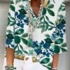Women's Shirt Blouse White Green Floral Print 3/4 Length Sleeve Casual Holiday Fashion Basic Elegant V Neck Regular Fit Floral -LIGHTINTHEBOX Shop hwdyeh1681467814001