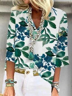 Women's Shirt Blouse White Green Floral Print 3/4 Length Sleeve Casual Holiday Fashion Basic Elegant V Neck Regular Fit Floral