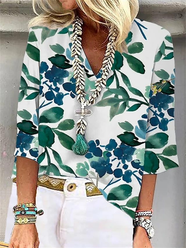 Women's Shirt Blouse White Green Floral Print 3/4 Length Sleeve Casual Holiday Fashion Basic Elegant V Neck Regular Fit Floral 3 Women's Shirt Blouse White Green Floral Print 3/4 Length Sleeve Casual Holiday Fashion Basic Elegant V Neck Regular Fit Floral