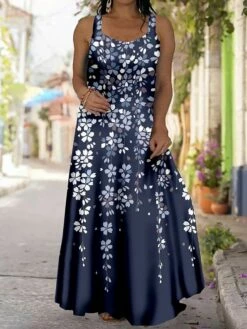 Women‘s Plus Size Curve Casual Dress Strap Dress Floral Coconut Tree Long Dress Maxi Dress Sleeveless Print Strap Fashion Outdoor Navy Blue Blue Summer Spring L XL XXL 3XL 4XL -LIGHTINTHEBOX Shop hwitax1684480038452