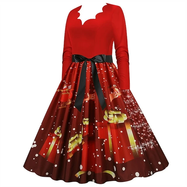 Women's Christmas Party Dress Swing DressKnee Length Dress Green Wine Dark Green Red Black Long Sleeve Santa Claus Elk Snowman Print Fall Winter V Neck Vintage Party Elegant Party 2022 S M L XL XXL 14 Women's Christmas Party Dress Swing DressKnee Length Dress Green Wine Dark Green Red Black Long Sleeve Santa Claus Elk Snowman Print Fall Winter V Neck Vintage Party Elegant Party 2022 S M L XL XXL - Image 12