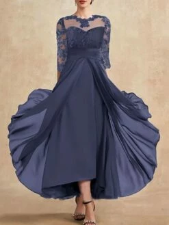 Women's Prom Dress Party Dress Lace Dress Long Dress Maxi Dress Dark Blue Half Sleeve Pure Color Lace Spring Fall Winter Crew Neck Fashion Winter Dress Evening Party Wedding Guest 2023 S M L XL XXL