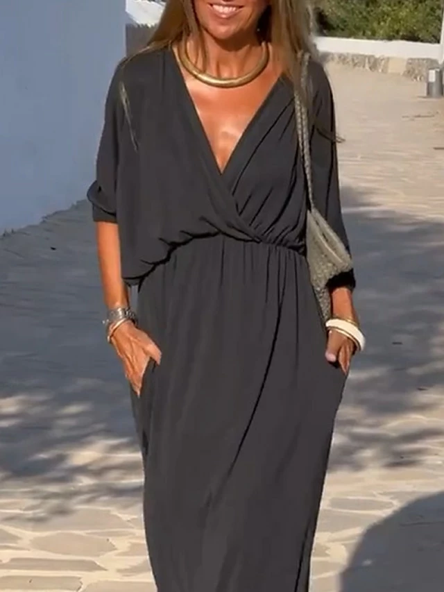 Women's Casual Dress Black Dress Plain Dress Long Dress Maxi Dress Pocket Daily Date Going Out Fashion Basic V Neck 3/4 Length Sleeve 2023 Loose Fit Black Color S M L XL XXL Size 4 Women's Casual Dress Black Dress Plain Dress Long Dress Maxi Dress Pocket Daily Date Going Out Fashion Basic V Neck 3/4 Length Sleeve 2023 Loose Fit Black Color S M L XL XXL Size - Image 2