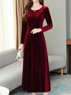 Women's Green Velvet Dress Maxi Long Dress Black Wine Blue Long Sleeve Solid Color Ruched Fall Winter Crew Neck Party Stylish Elegant Party