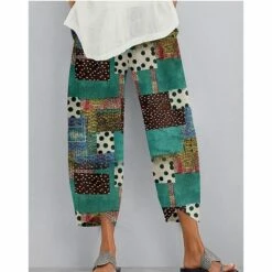 Women's Linen Pants Chinos Pants Trousers Ankle-Length Faux Linen Baggy Print Micro-elastic Mid Waist Casual / Sporty Athleisure Casual Weekend Green S M Summer Spring &Fall