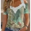 Women's T Shirt Tee Blouse Green Floral Lace Cut Out Print Short Sleeve Casual Holiday Basic V Neck Regular Fit Floral Cold Shoulder -LIGHTINTHEBOX Shop hyecjh1689314674946