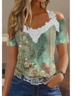 Women's T Shirt Tee Blouse Green Floral Lace Cut Out Print Short Sleeve Casual Holiday Basic V Neck Regular Fit Floral Cold Shoulder