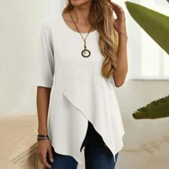 Women's Shirt Blouse White Yellow Navy Blue Plain Asymmetric Half Sleeve Daily Weekend Streetwear Casual Round Neck Regular Fit