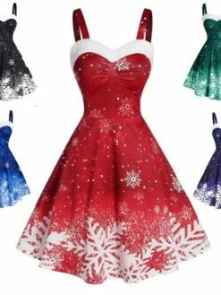 Women's Christmas Swing Dress Slip Dress Midi Dress Green Blue Purple Red Black Sleeveless Snowflake Cold Shoulder Print Winter Fall Spaghetti Strap Fashion Party Sexy 2022 S M L XL 2XL 3XL