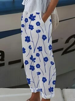 Women's Linen Pants Baggy Long Faux Linen Baggy Print Micro-elastic Mid Waist Designer Casual Daily Daily Wear Light Green Blue S M All Seasons