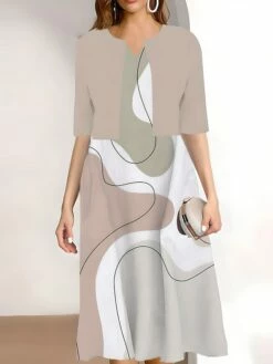 Women's Two Piece Dress Set Casual Dress Print Dress Outdoor Daily Fashion Elegant Print Midi Dress V Neck Half Sleeve Geometric Color Block Regular Fit Black Pink Blue Summer Spring S M L XL XXL -LIGHTINTHEBOX Shop iazmcr1689670542770