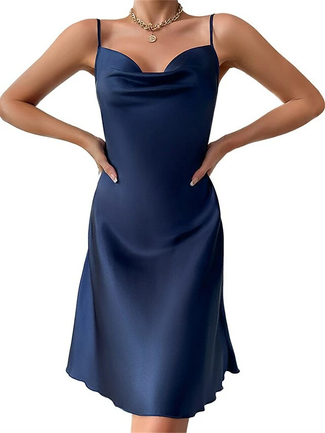 Women's Casual Dress Satin Dress Mini Dress Luxury Sexy Backless Solid Color Strap Party Lounge Navy Black 2023 Summer Spring S M L XL 7 Women's Casual Dress Satin Dress Mini Dress Luxury Sexy Backless Solid Color Strap Party Lounge Navy Black 2023 Summer Spring S M L XL - Image 5