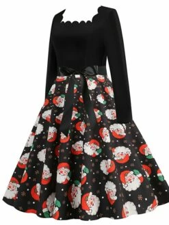 Women's Christmas Vintage Dress Midi Dress Black And White Green Black Long Sleeve Santa Claus Bow Winter Fall Autumn Square Neck Stylish Christmas Vacation 2022 S M L XL XXL 3XL -LIGHTINTHEBOX Shop ibqwdc1667637299756