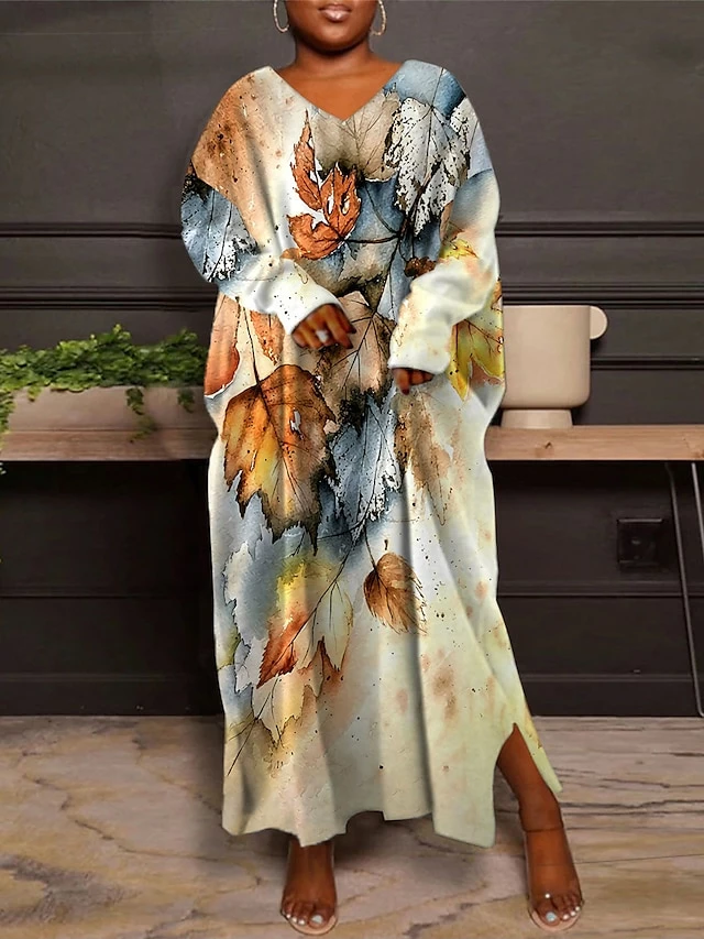 Women's Plus Size Curve Casual Dress Winter Dress Leaf Long Dress Maxi Dress Long Sleeve Print V Neck Fashion Outdoor Blue Purple Fall Winter L XL XXL 3XL 4XL 3 Women's Plus Size Curve Casual Dress Winter Dress Leaf Long Dress Maxi Dress Long Sleeve Print V Neck Fashion Outdoor Blue Purple Fall Winter L XL XXL 3XL 4XL