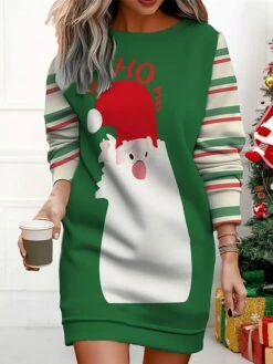 Women's Christmas Casual Dress Sweatshirt Dress Mini Dress Warm Fashion Outdoor Vacation Crew Neck Print Santa Claus Snowman Christmas Tree Loose Fit ArmyGreen Black Red S M L XL XXL -LIGHTINTHEBOX Shop icbhls1695365364583
