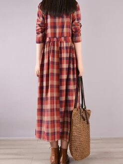 Women's Casual Dress Cotton Linen Dress Plaid Dress Midi Dress Linen / Cotton Blend Fashion Basic Outdoor Daily Holiday Stand Collar Pocket Print Long Sleeve Fall Winter Autumn 2023 Loose Fit Yellow -LIGHTINTHEBOX Shop ichggr1693553154791