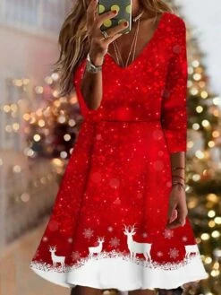 Women's Christmas Swing Dress Vintage Dress Mini Dress Wine Light Red Dark Blue Long Sleeve Deer Patchwork Winter Fall Autumn V Neck Vacation 2022 S M L XL XXL 3XL 4XL 5XL 6XL