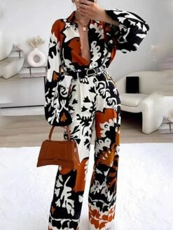 Women's Shirt Pants Sets Brown Plant Print Long Sleeve Casual Holiday Basic Shirt Collar Regular Fit Spring &Fall