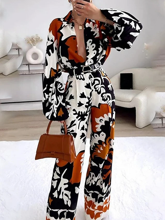 Women's Shirt Pants Sets Brown Plant Print Long Sleeve Casual Holiday Basic Shirt Collar Regular Fit Spring &Fall 3 Women's Shirt Pants Sets Brown Plant Print Long Sleeve Casual Holiday Basic Shirt Collar Regular Fit Spring &Fall