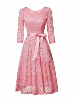 Women‘s Vintage Tea Dresses Party Dress Lace Dress Homecoming Dress Knee Length Dress Pink Wine Navy Blue 3/4 Length Sleeve Pure Color Lace Summer Spring Fall V Neck Classic Winter Dress