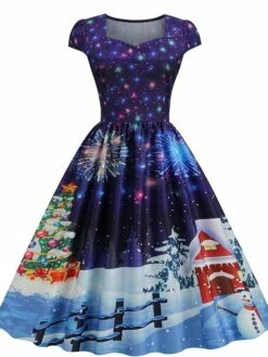 Women's Christmas Swing Dress Vintage DressKnee Length Dress Blue Wine Red Light BlueShort Sleeve Santa Claus Snowman Tree Print Fall Winter Square Neck Vintage Elegant Slim 2022 S M L XL -LIGHTINTHEBOX Shop ieqqyv1667889861913