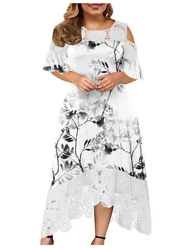 Women‘s Plus Size Curve Holiday Dress Floral Crew Neck Lace Half Sleeve Fall Spring Maxi Long Dress Date Vacation Dress Print 4 Women‘s Plus Size Curve Holiday Dress Floral Crew Neck Lace Half Sleeve Fall Spring Maxi Long Dress Date Vacation Dress Print - Image 2