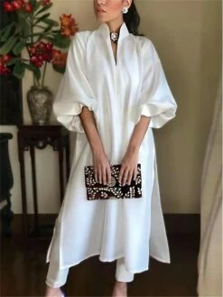 Women's Party Dress Work Dress Satin Dress Midi Dress White 3/4 Length Sleeve Pure Color Split Summer Spring Fall Split Neck Fashion Wedding Guest Vacation Summer Dress Loose Fit 2023 S M L XL XXL 3XL