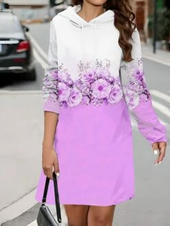 Women's Casual Dress Hoodie Dress Winter Dress Floral Pocket Print Hooded Mini Dress Fashion Streetwear Outdoor Daily Long Sleeve Loose Fit Pink Purple Green Fall Winter S M L XL XXL -LIGHTINTHEBOX Shop igcvpg1692959336859