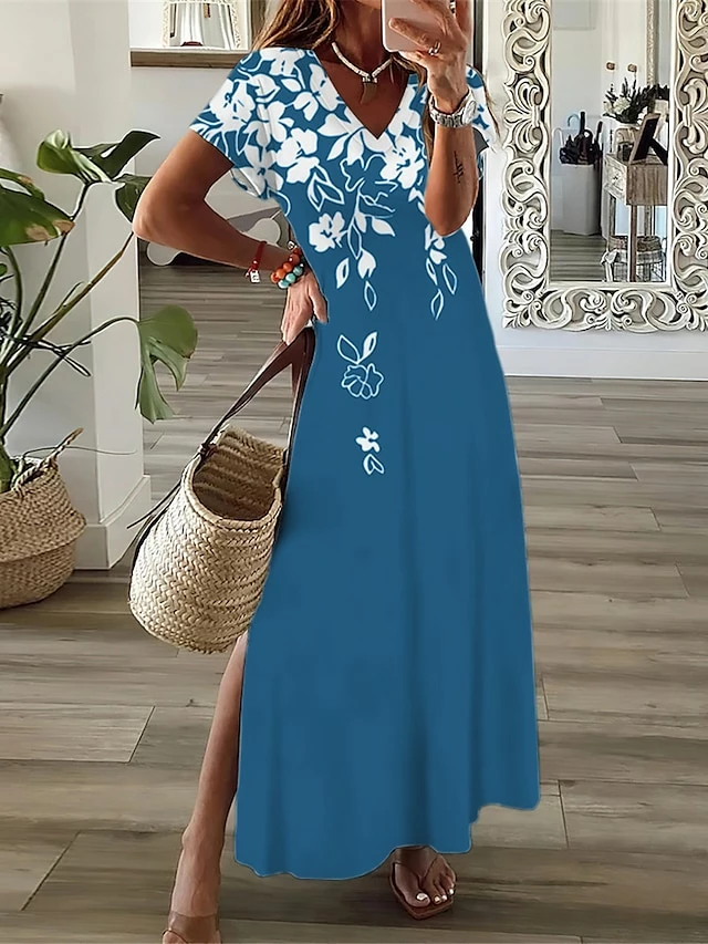 Women's Casual Dress A Line Dress Summer Dress Floral Split Print V Neck Long Dress Maxi Dress Fashion Streetwear Outdoor Daily Short Sleeve Regular Fit Black Wine Navy Blue Summer Spring S M L XL XXL 5 Women's Casual Dress A Line Dress Summer Dress Floral Split Print V Neck Long Dress Maxi Dress Fashion Streetwear Outdoor Daily Short Sleeve Regular Fit Black Wine Navy Blue Summer Spring S M L XL XXL - Image 3