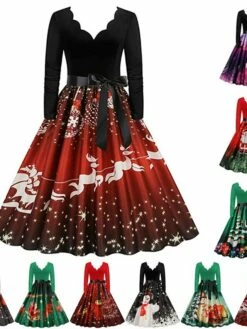 Women's Christmas Party Dress Swing DressKnee Length Dress Green Purple Wine Red Black Long Sleeve Santa Claus Elk Snowman Print Fall Winter V Neck Vintage Party Elegant Party 2022 S M L XL XXL 3XL