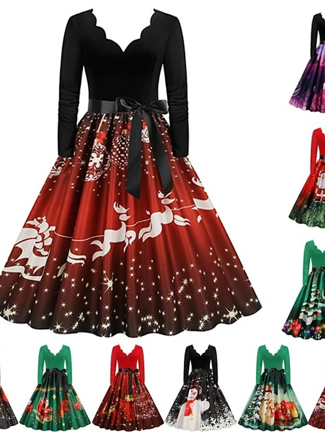 Women's Christmas Party Dress Swing DressKnee Length Dress Green Purple Wine Red Black Long Sleeve Santa Claus Elk Snowman Print Fall Winter V Neck Vintage Party Elegant Party 2022 S M L XL XXL 3XL 3 Women's Christmas Party Dress Swing DressKnee Length Dress Green Purple Wine Red Black Long Sleeve Santa Claus Elk Snowman Print Fall Winter V Neck Vintage Party Elegant Party 2022 S M L XL XXL 3XL