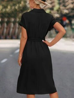 Women's Shirt Dress Casual Dress Midi Dress Outdoor Daily Date Polyester Casual Classic Shirt Collar Lace Up Ruched Short Sleeve Summer Spring 2023 Loose Fit Black Blue Rose Red Plain S M L XL -LIGHTINTHEBOX Shop ihexfb1677739299102