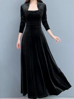 Women's Party Dress Velvet Dress A Line Dress Long Dress Maxi Dress Black Wine Dark Green Long Sleeve Pure Color Ruched Winter Fall Spring Square Neck Stylish Winter Dress Daily 2023 M L XL