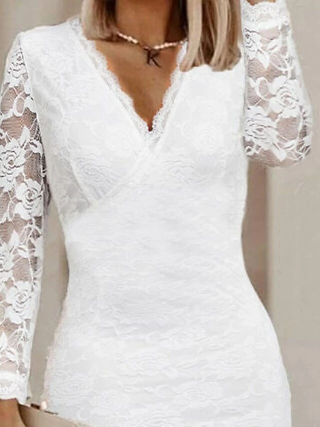 Women's Party Dress Lace Dress Homecoming Dress Mini Dress White Long Sleeve Pure Color Lace Fall Winter V Neck Stylish Winter Dress Fall Dress Loose Fit 2023 M L XL XXL 3XL 5 Women's Party Dress Lace Dress Homecoming Dress Mini Dress White Long Sleeve Pure Color Lace Fall Winter V Neck Stylish Winter Dress Fall Dress Loose Fit 2023 M L XL XXL 3XL - Image 3