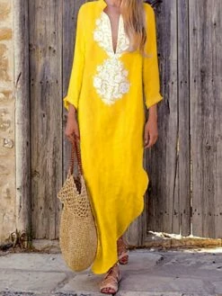 Women's Casual Dress Cotton Linen Dress Shift Dress Maxi Long Dress Cotton Blend Basic Casual Outdoor Daily Vacation V Neck Print Long Sleeve Summer Spring Fall 2023 Loose Fit Yellow Sky Blue Khaki -LIGHTINTHEBOX Shop iiovuw1677659053449