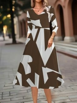 Women's Work Dress Swing Dress A Line Dress Fashion Midi Dress Pocket Print V Neck 3/4 Length Sleeve Geometric Color Block Regular Fit Navy Blue Blue Brown Fall Winter S M L XL XXL