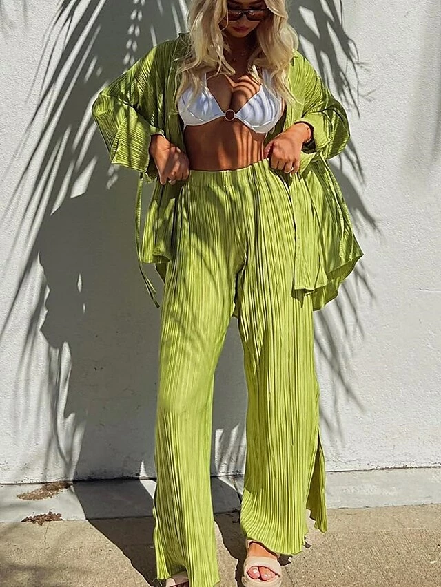 Women's Shirt Pants Sets Black White Light Green Solid Color Long Sleeve Casual Daily Fashion Neon & Bright Shirt Collar Regular Fit Spring &Fall 4 Women's Shirt Pants Sets Black White Light Green Solid Color Long Sleeve Casual Daily Fashion Neon & Bright Shirt Collar Regular Fit Spring &Fall - Image 2