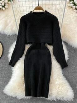 Women's Two Piece Dress Set Casual Dress Sheath Dress Outdoor Daily Fashion Streetwear Ruched Midi Dress Crew Neck Long Sleeve Plain Loose Fit Black White Wine Fall Winter One-Size -LIGHTINTHEBOX Shop ikytea1694057140860